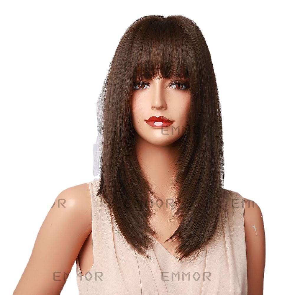 Cross -border European and American fake bangs black brown shoulder -length straight hair curls to decorate the face shape high temperature silk