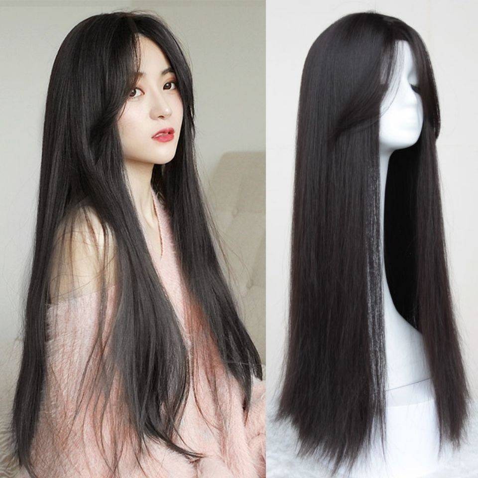 Wig female long straight hair, long hair net red eight characters, bangs, fashion fluffy natural wigs, full heads, full head