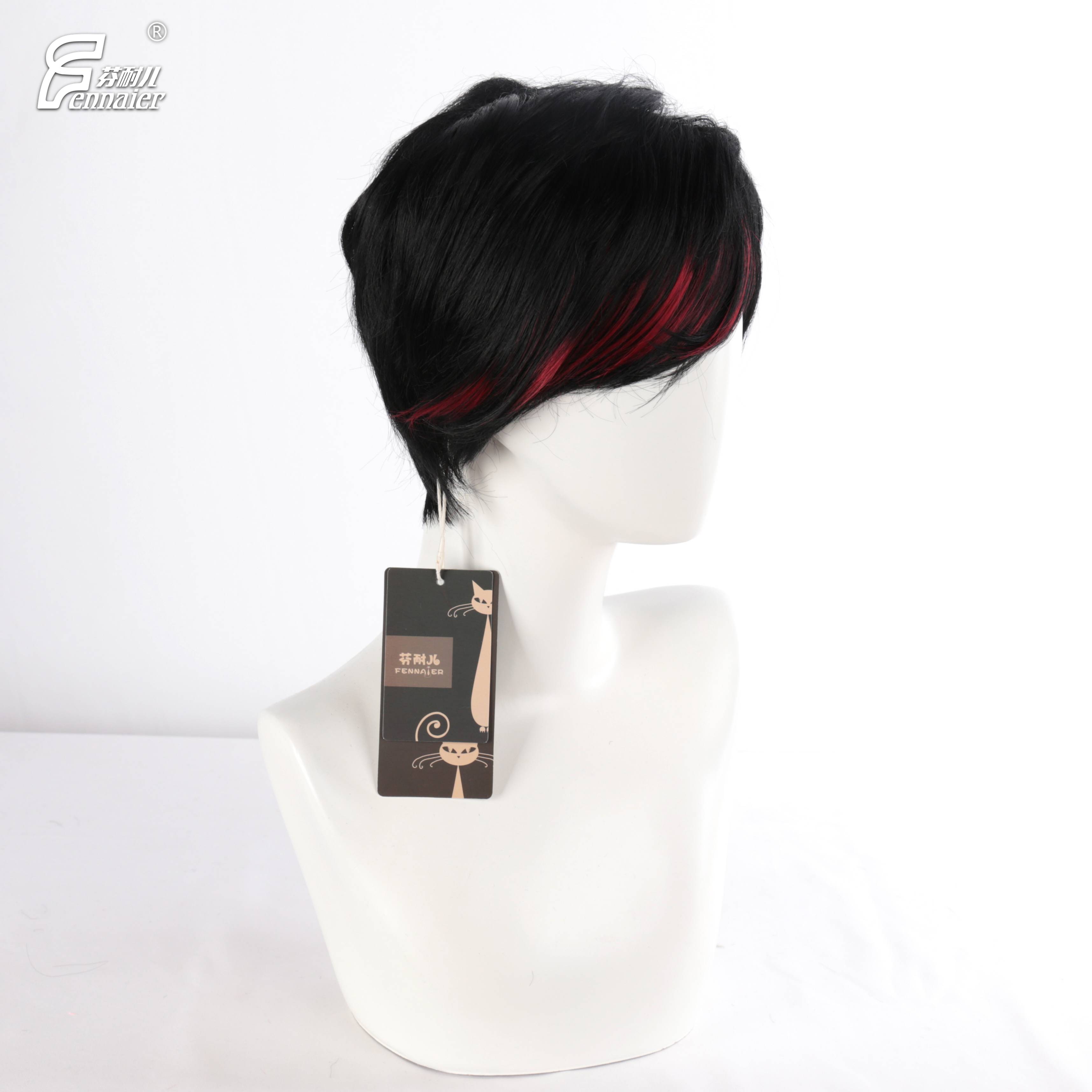 Fenny Black and Red Mixed Men's short hair cosplay cosplay high -temperature silk daily short straight hair full wigs