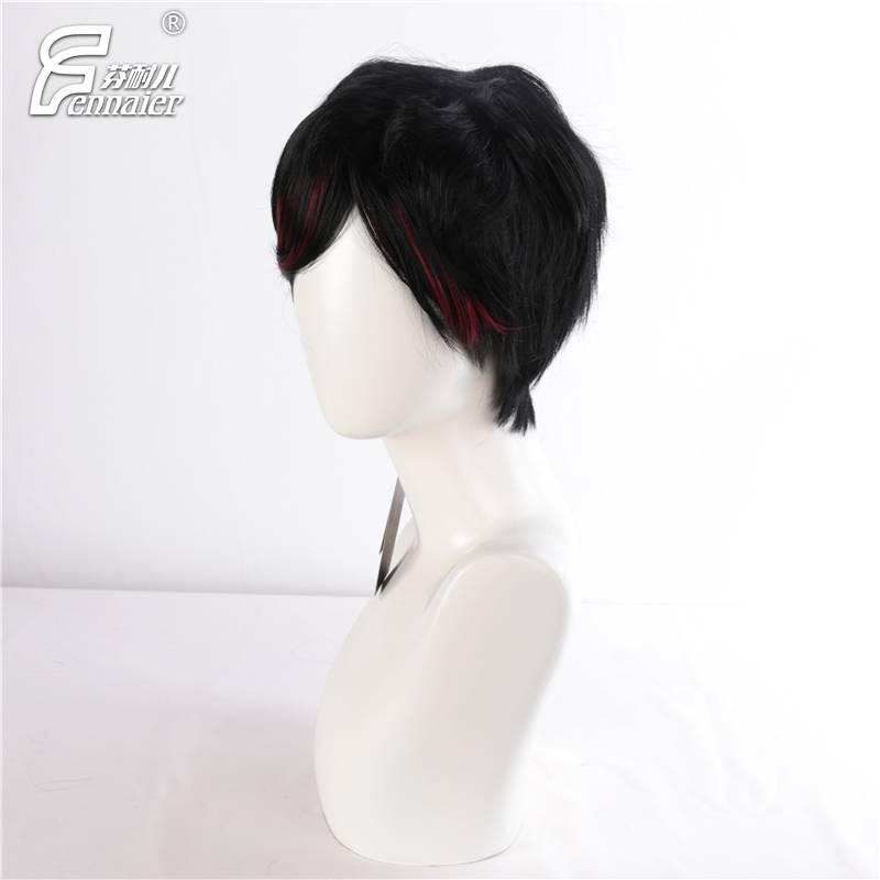 Fenny Black and Red Mixed Men's short hair cosplay cosplay high -temperature silk daily short straight hair full wigs