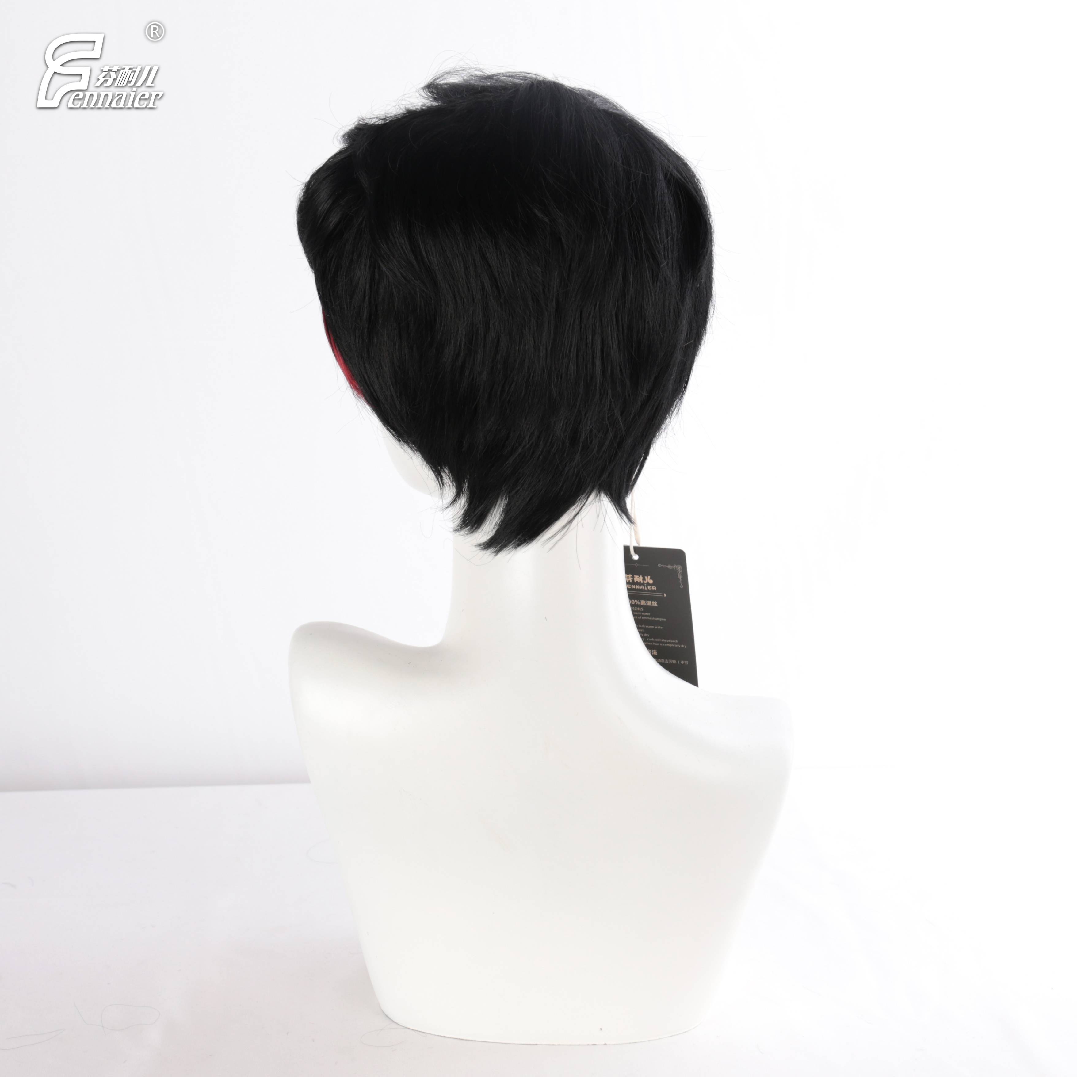 Fenny Black and Red Mixed Men's short hair cosplay cosplay high -temperature silk daily short straight hair full wigs