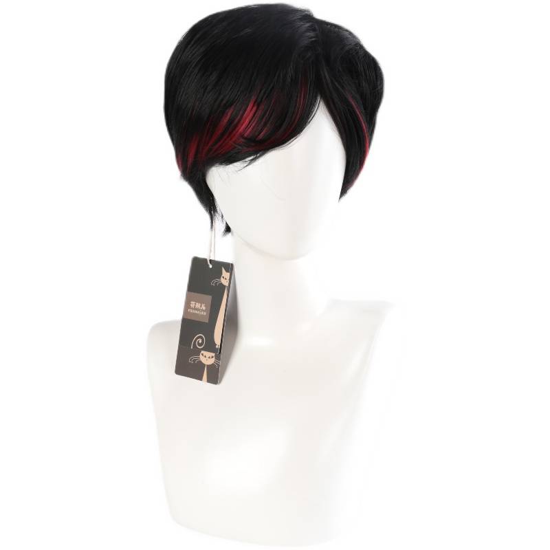 Fenny Black and Red Mixed Men's short hair cosplay cosplay high -temperature silk daily short straight hair full wigs