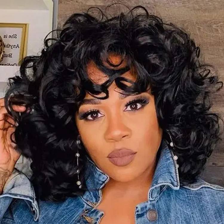 Factory straight long -selling ladies wig black wig long curly hair high temperature silk IEM bangs wig