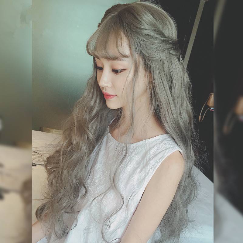 Wig female grandmother gray long curly hair air bangs corn hot fiber wiggle hood 2021 autumn new