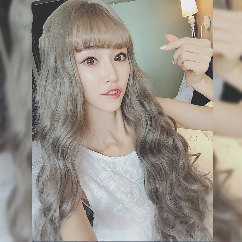 Wig female grandmother gray long curly hair air bangs corn hot fiber wiggle hood 2021 autumn new