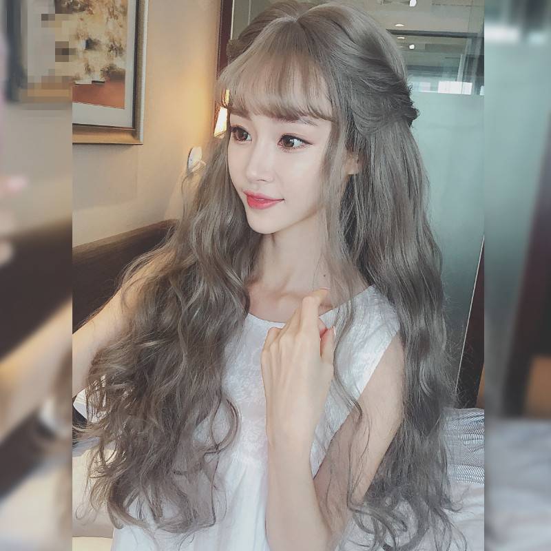 Wig female grandmother gray long curly hair air bangs corn hot fiber wiggle hood 2021 autumn new