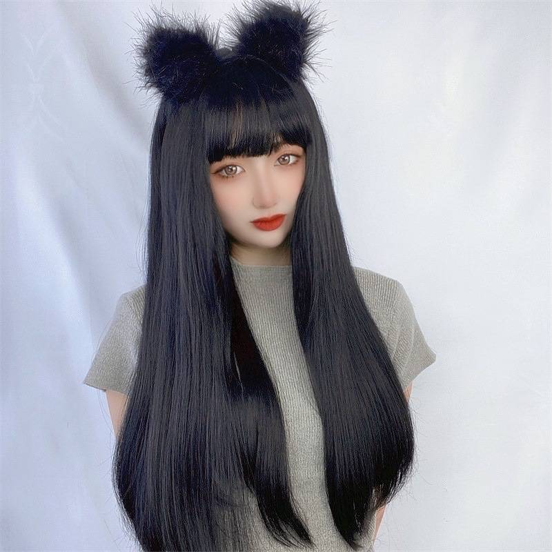 New product wig female black air bangs long straight hair high -temperature silk temperament face face red transformation wig girl