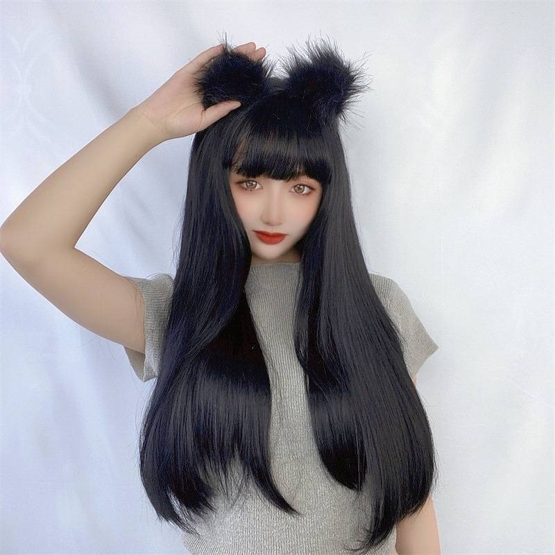 New product wig female black air bangs long straight hair high -temperature silk temperament face face red transformation wig girl