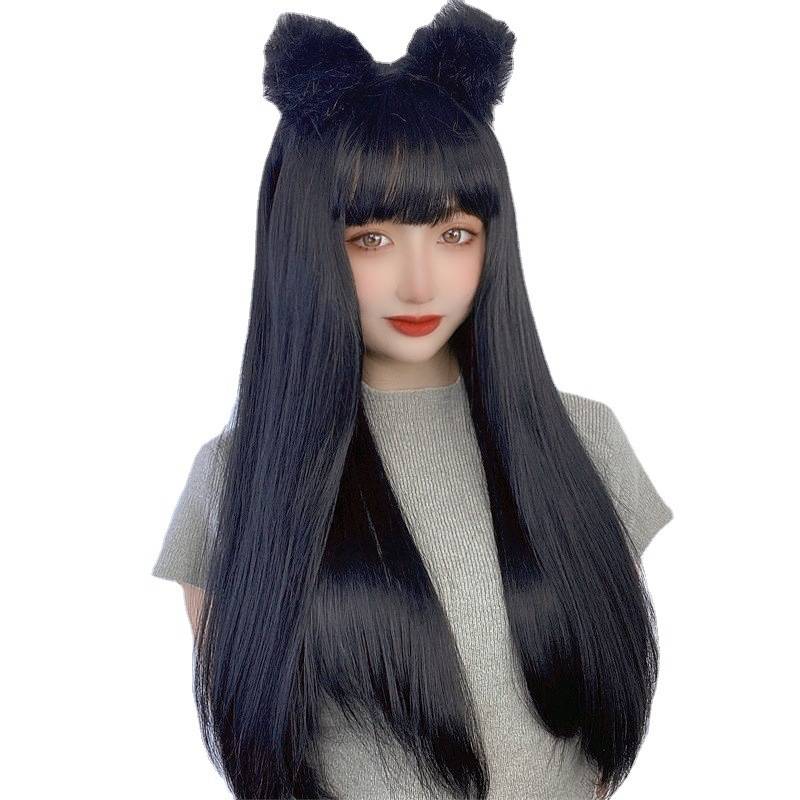New product wig female black air bangs long straight hair high -temperature silk temperament face face red transformation wig girl