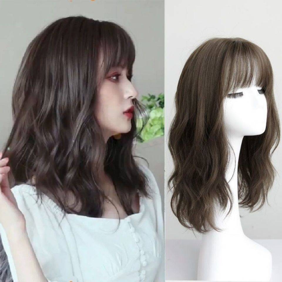 Wigmail women's medium curly wool roll air bangs fluffy, natural face, stylish, breathable, full head set