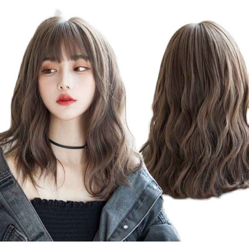 Wigmail women's medium curly wool roll air bangs fluffy, natural face, stylish, breathable, full head set
