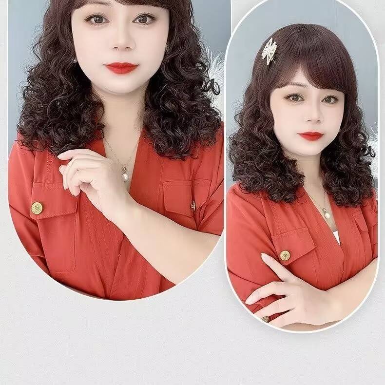 Mid -long curly hair big wave head set goddess hot fashion mothers middle -aged and elderly head sets of wool rolls can be tied naturally and realistic