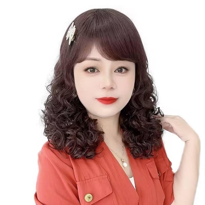 Mid -long curly hair big wave head set goddess hot fashion mothers middle -aged and elderly head sets of wool rolls can be tied naturally and realistic