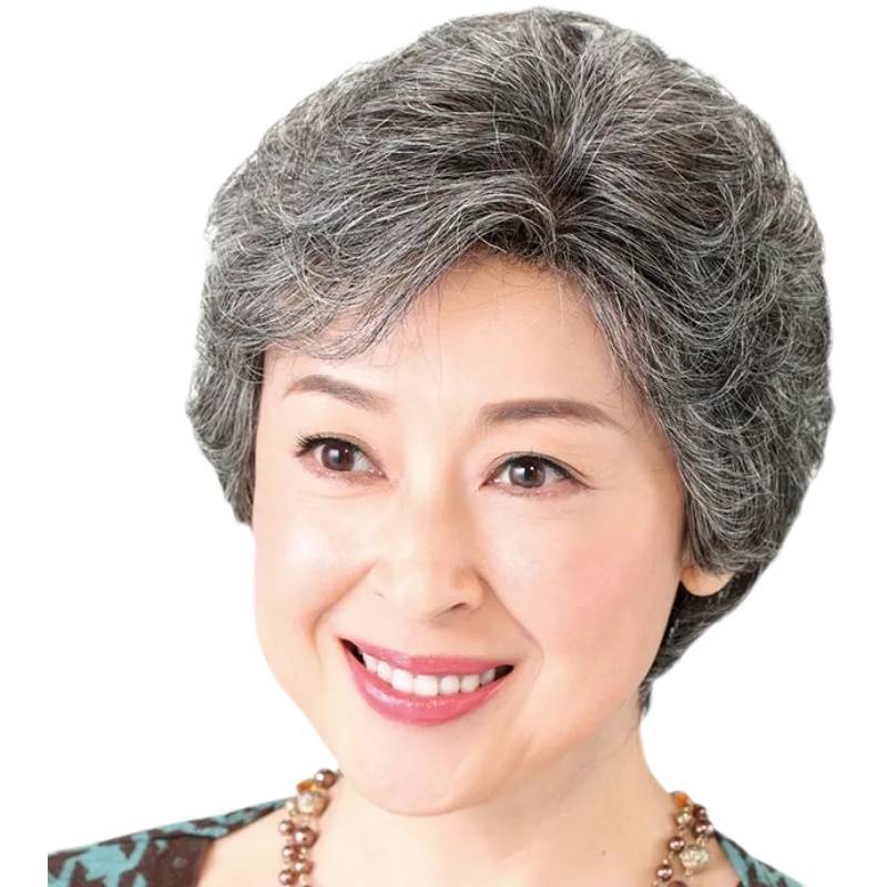 Wig Ms. Short Hair Mosaic White Grandma Middle -aged and Elderly Hair True Short Roll Published Performance White Wigs Top