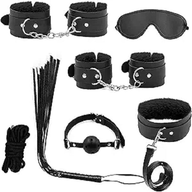 Sex Bondage Kits, BDSM Restraint Toys 7 Pcs, Handcuffs, Ankle, Cuffs, Clamps, Leather, Restraints Set, BDSM Kits (Black)