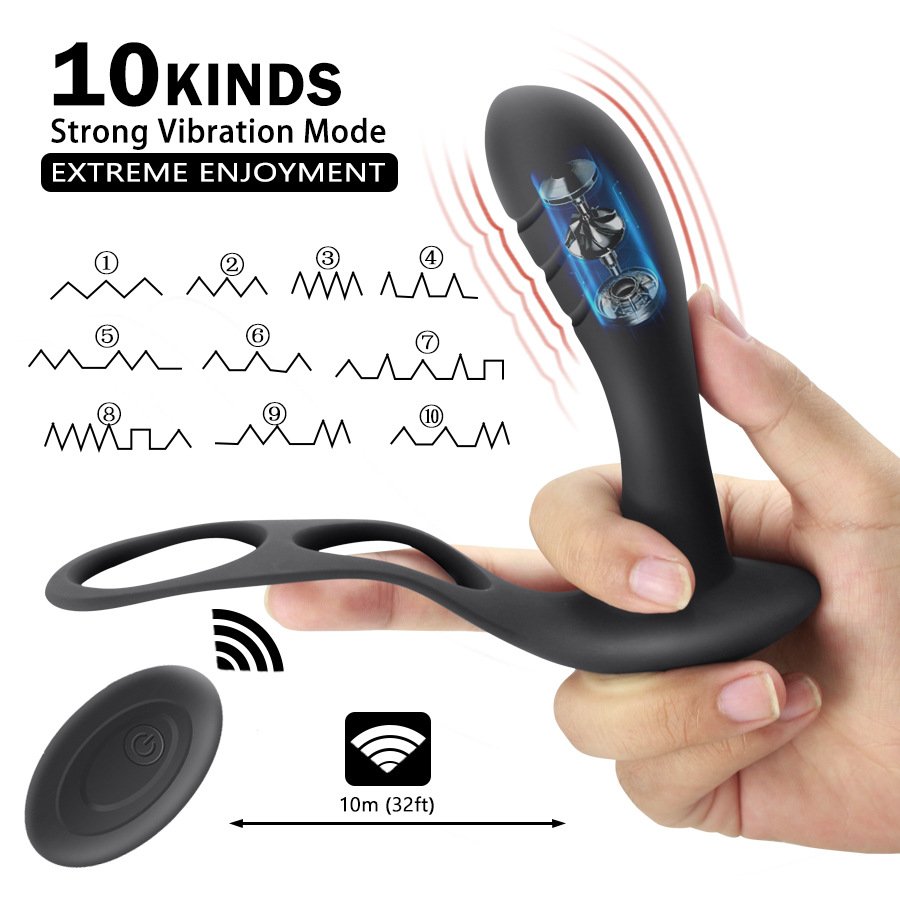 Whole sale 10 modes vibration men butt sex toy wireless control full water proof anal vibrator with cockrings