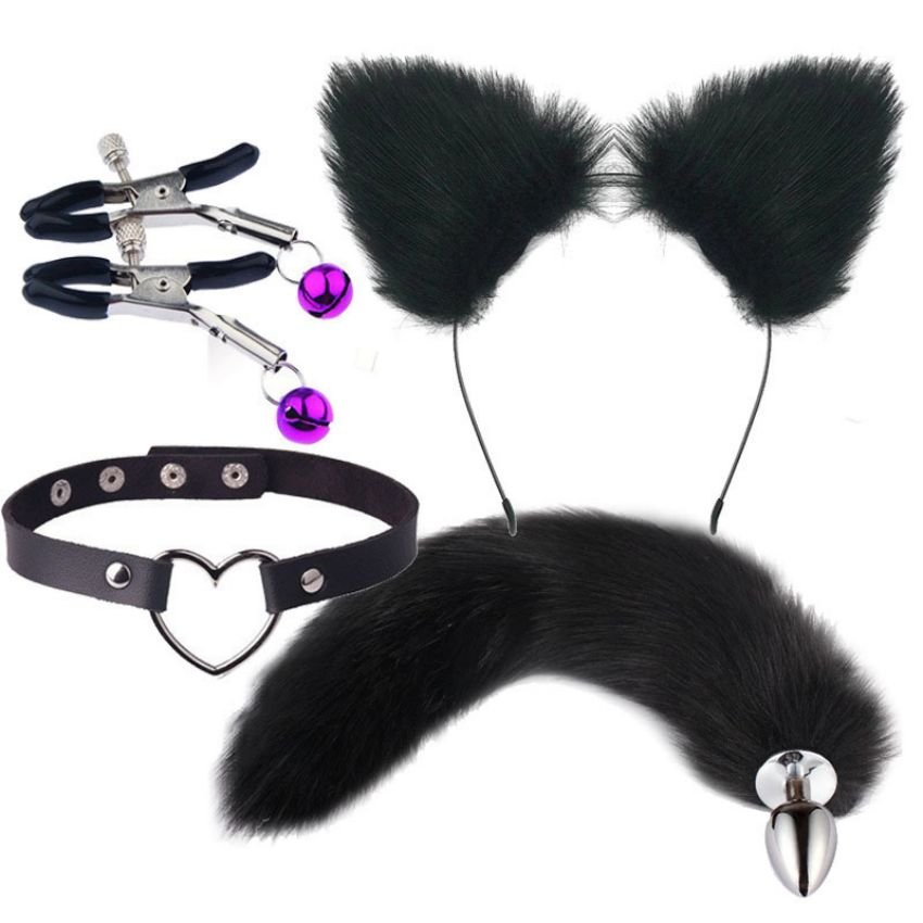 Fox Tail Anal Plug Black Cat Ears Headband And Choker Cosplay For Women And Collar Set Sex Toys For Couples Games