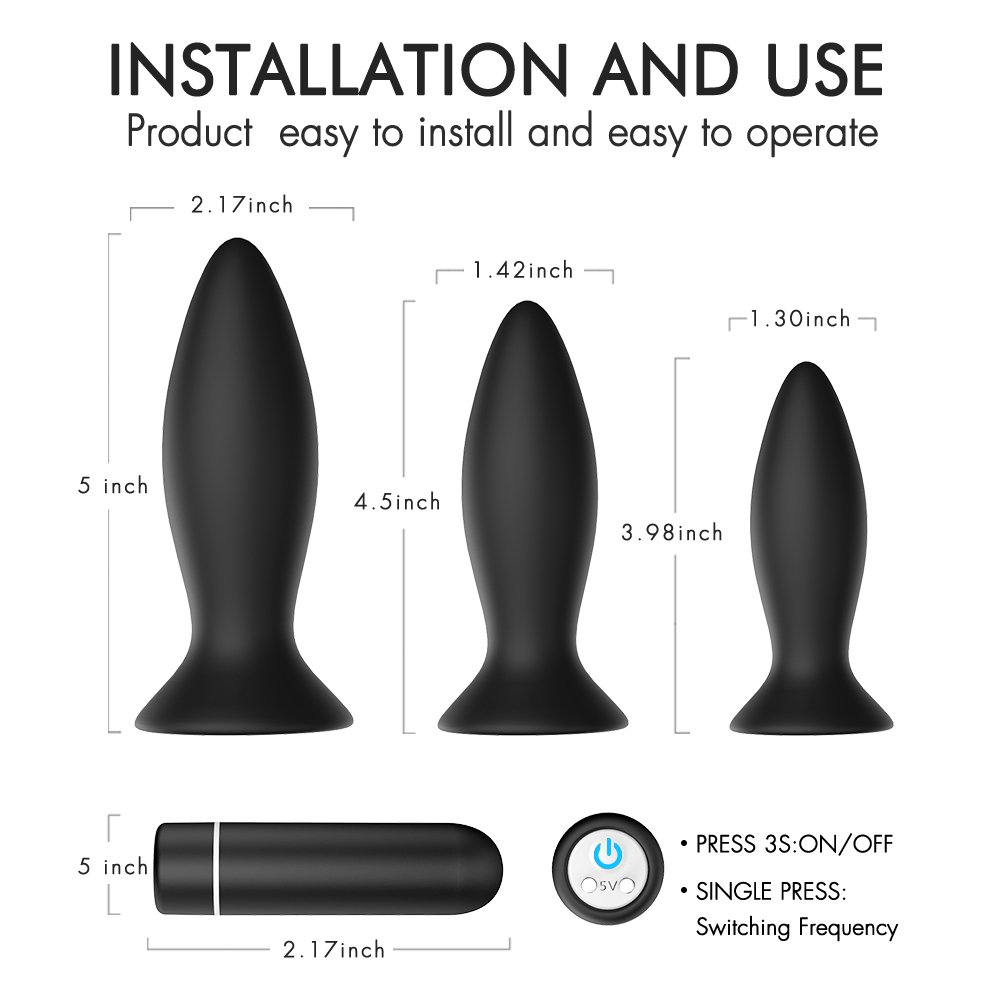 Silicone 3-Piece Remote Control Anal Set for Men & Women Butt Plug Metal Vibrator Chastity Sexual Pleasure