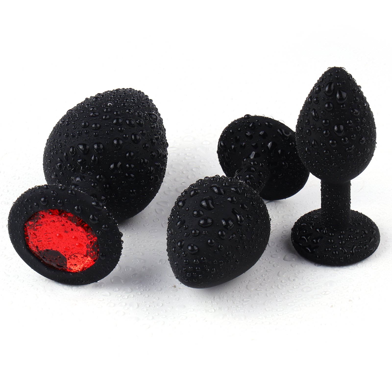 FBA-008 Woman's Anal Toys Set Black Silicone Anal Plug with Red Jewel Sex Toys Jewel Butt Plug Juguetes Sexuales