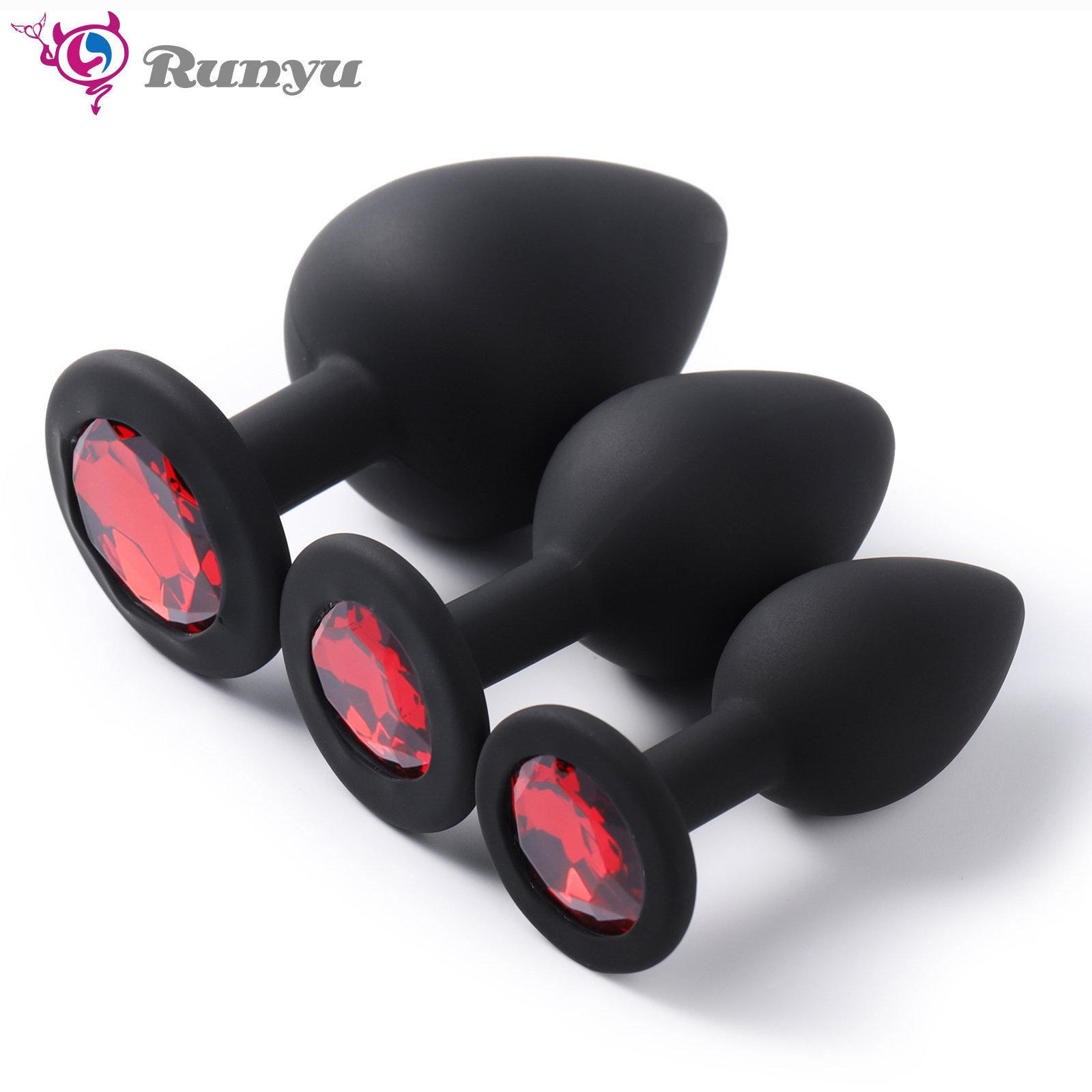 FBA-008 Woman's Anal Toys Set Black Silicone Anal Plug with Red Jewel Sex Toys Jewel Butt Plug Juguetes Sexuales