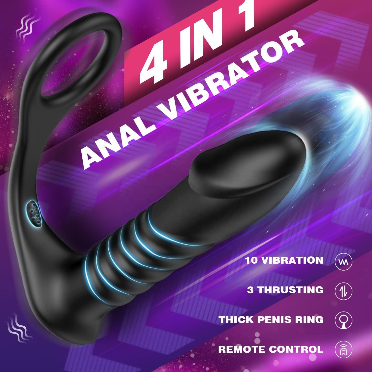 Thrusting Anal Vibrator with Thick Penis Ring Vibrating Telescopic C Dildo Shaped Anal Plug Sex Toys