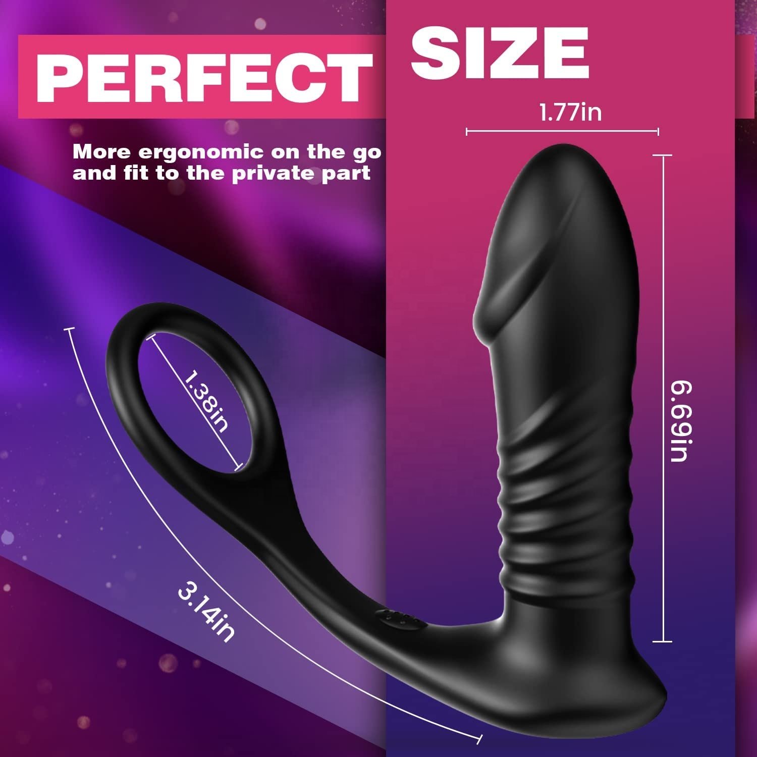 Thrusting Anal Vibrator with Thick Penis Ring Vibrating Telescopic C Dildo Shaped Anal Plug Sex Toys
