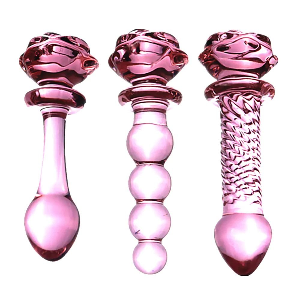 G-spot Anus Expansion Plugs Vagina Anal Stimulation Adult Sex Toys Crystal Pink Rose Flower Glass Dildo Anal Butt Plug For Woman