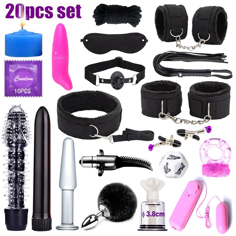 47PCS BDSM Sex Bondage Kits Handcuffs Nipple Clamps Whip Spanking Anal Plug Vibrator Butt SM Product Sex Toys for Women Men