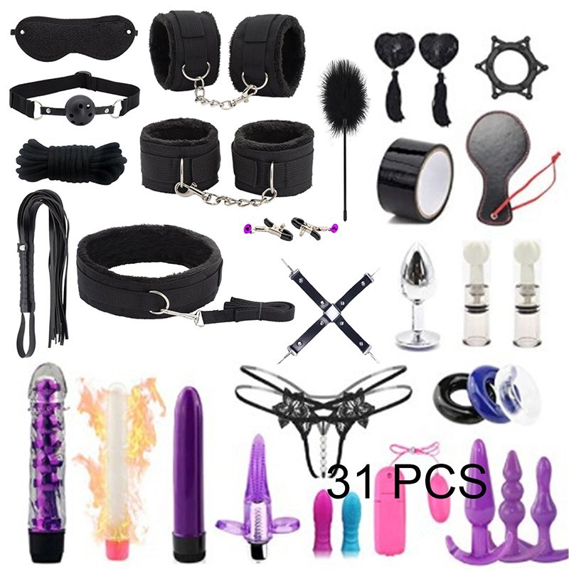 47PCS BDSM Sex Bondage Kits Handcuffs Nipple Clamps Whip Spanking Anal Plug Vibrator Butt SM Product Sex Toys for Women Men