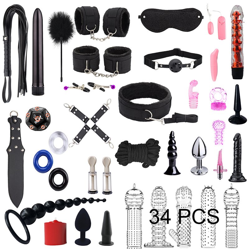 47PCS BDSM Sex Bondage Kits Handcuffs Nipple Clamps Whip Spanking Anal Plug Vibrator Butt SM Product Sex Toys for Women Men