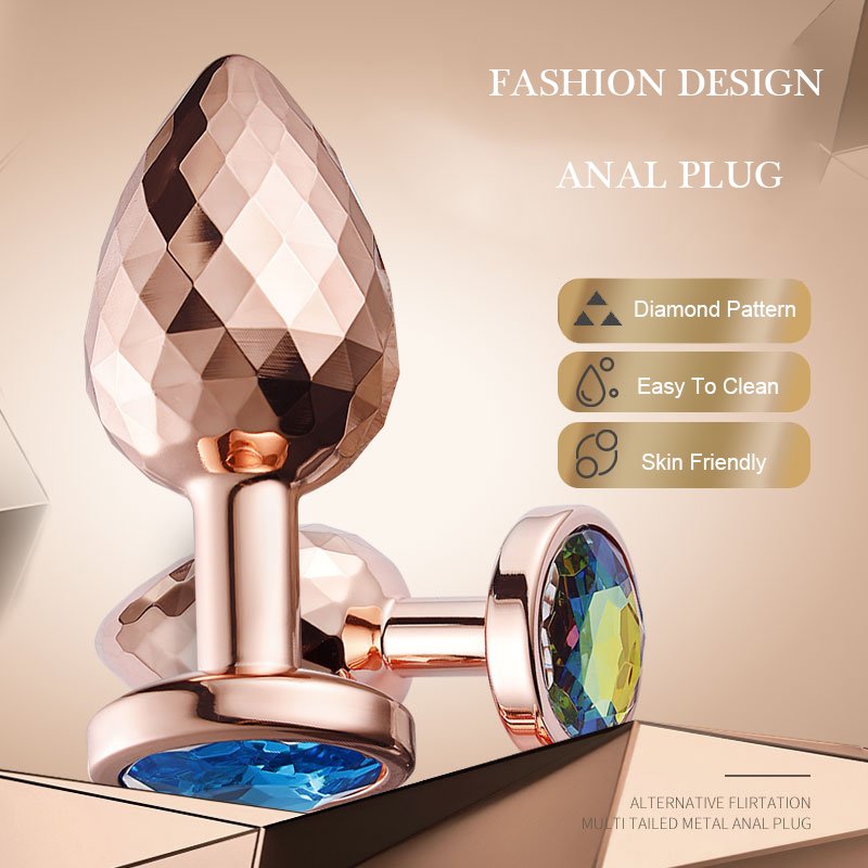 Rose Gold Diamond Facets Anal Plug Set Stainless Steel Sex Toy with Vibrator and Lubricant for Women Men Couples
