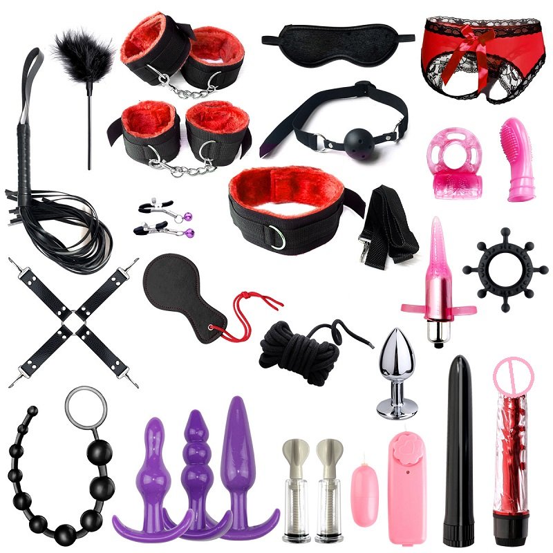 26 pieces set sex toys Nipple Clamps Handcuffs Whip Rope Anal Vibrator binding bondage Set for Couple Sex Games