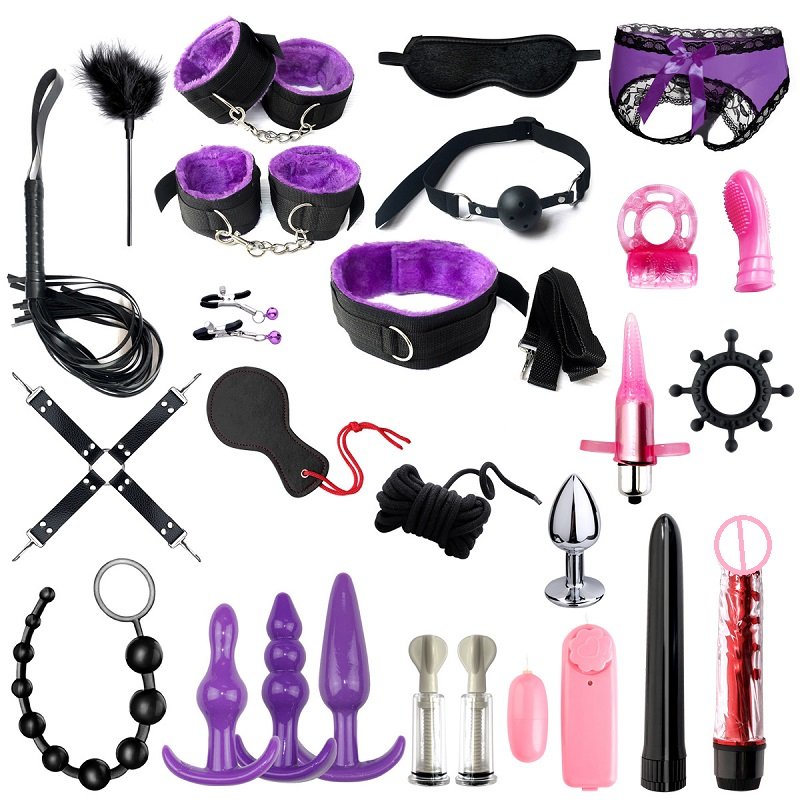 26 pieces set sex toys Nipple Clamps Handcuffs Whip Rope Anal Vibrator binding bondage Set for Couple Sex Games