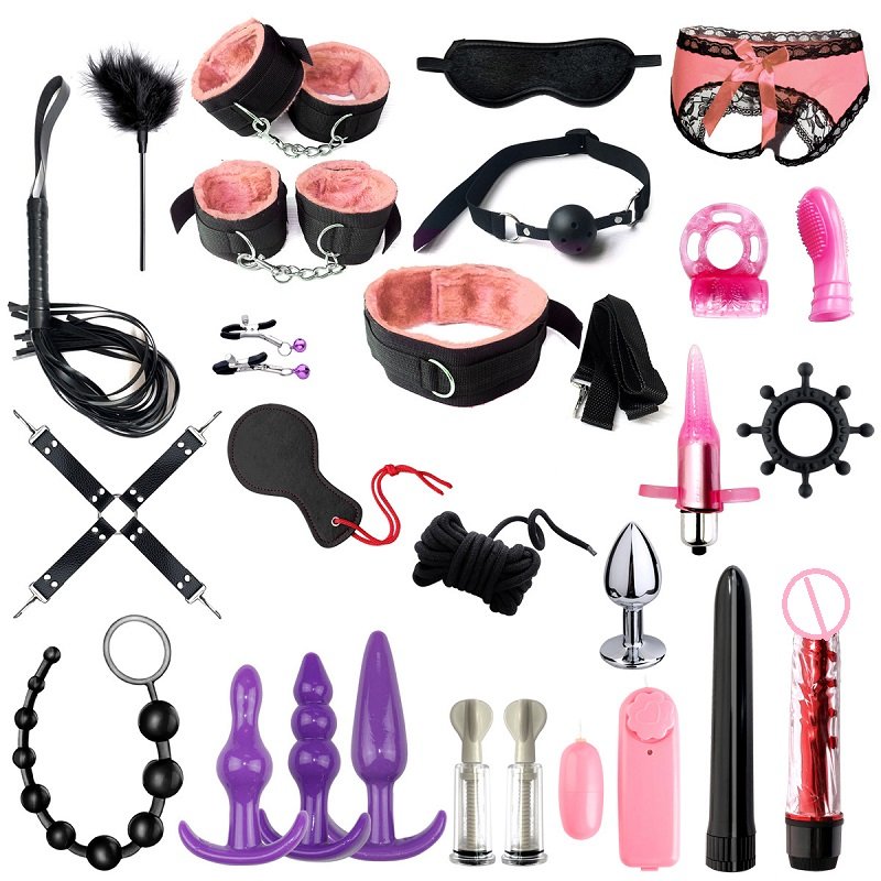 26 pieces set sex toys Nipple Clamps Handcuffs Whip Rope Anal Vibrator binding bondage Set for Couple Sex Games
