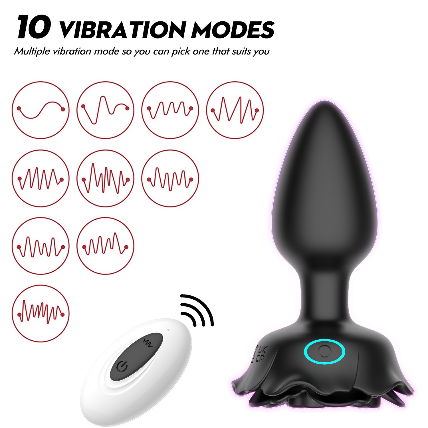 Aizhilian Remote Control Rose Vibrator LED Anal Plug Sex Toys with 10 Frequency Vibration Silicone Light Up Anal Plug