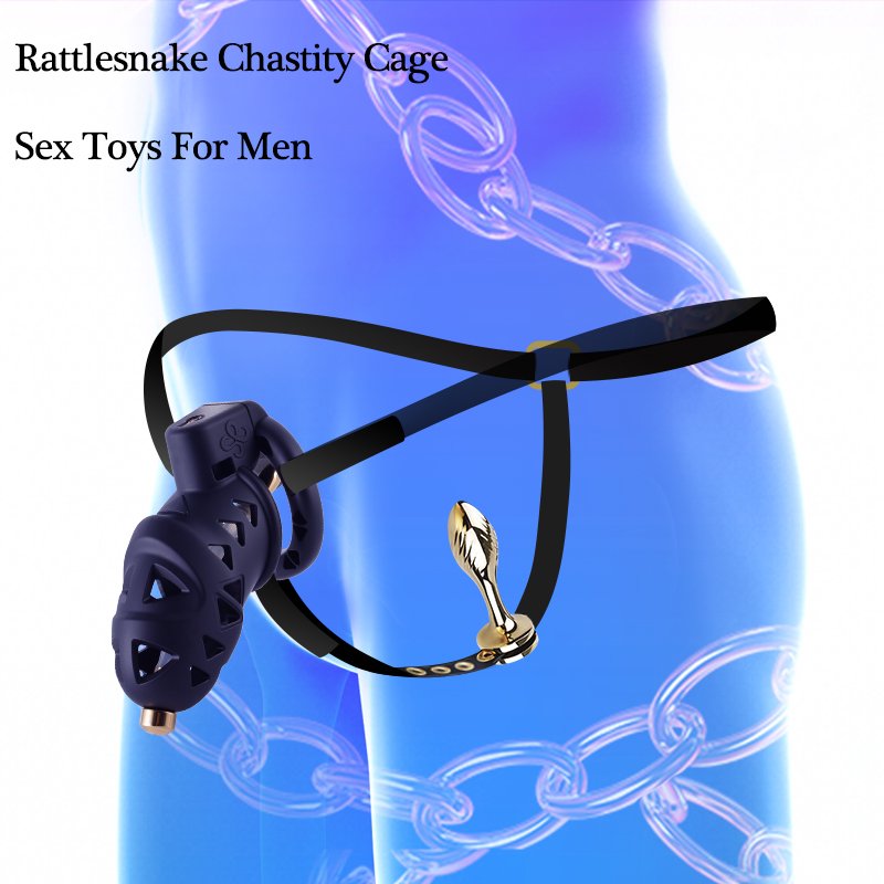 Waterproof ABS Rattlesnake Chastity Cage Belt 4 Size Ring Penis Lock Black Male Chastity Lock Anal Plug Sex Toys for Adults