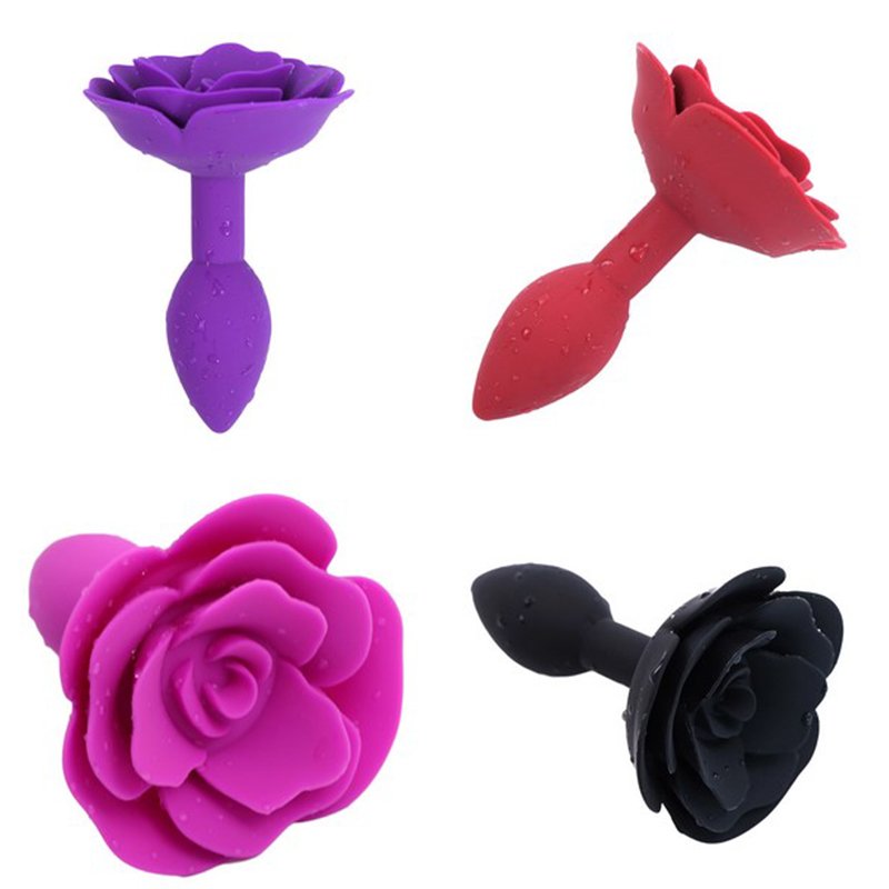 Rose Flower Shape Anal Plug Soft Silicone Butt Plug Red Black Pink Purple Rose Anal Sex Toys