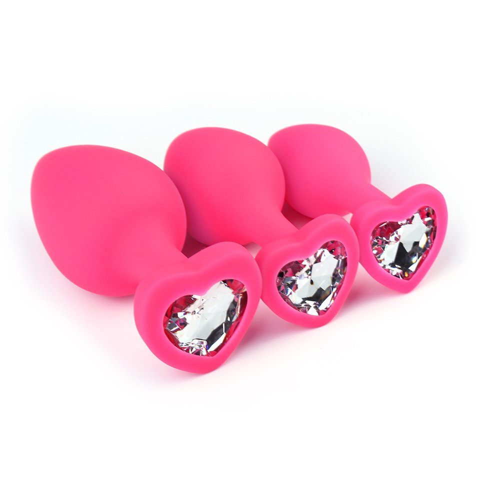 Pink Silicone Transparent Jewel Butt Plug Anal Sex Toys Set S M L Sizes for Women