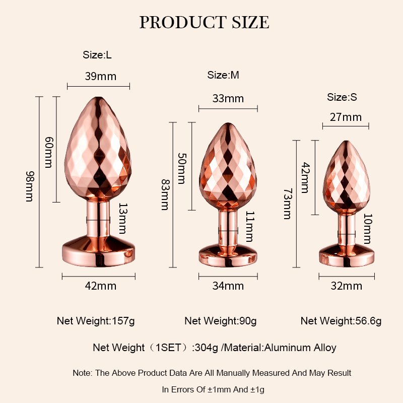 Rose Gold Color Diamond Facets Stainless Steel Sex Toy Anal Plug Set with Vibrator and Lubricant for Women Men Couples