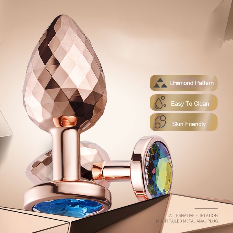 Rose Gold Color Diamond Facets Stainless Steel Sex Toy Anal Plug Set with Vibrator and Lubricant for Women Men Couples