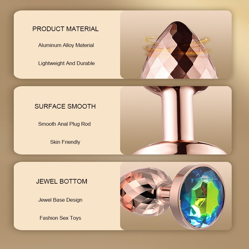 Rose Gold Color Diamond Facets Stainless Steel Sex Toy Anal Plug Set with Vibrator and Lubricant for Women Men Couples