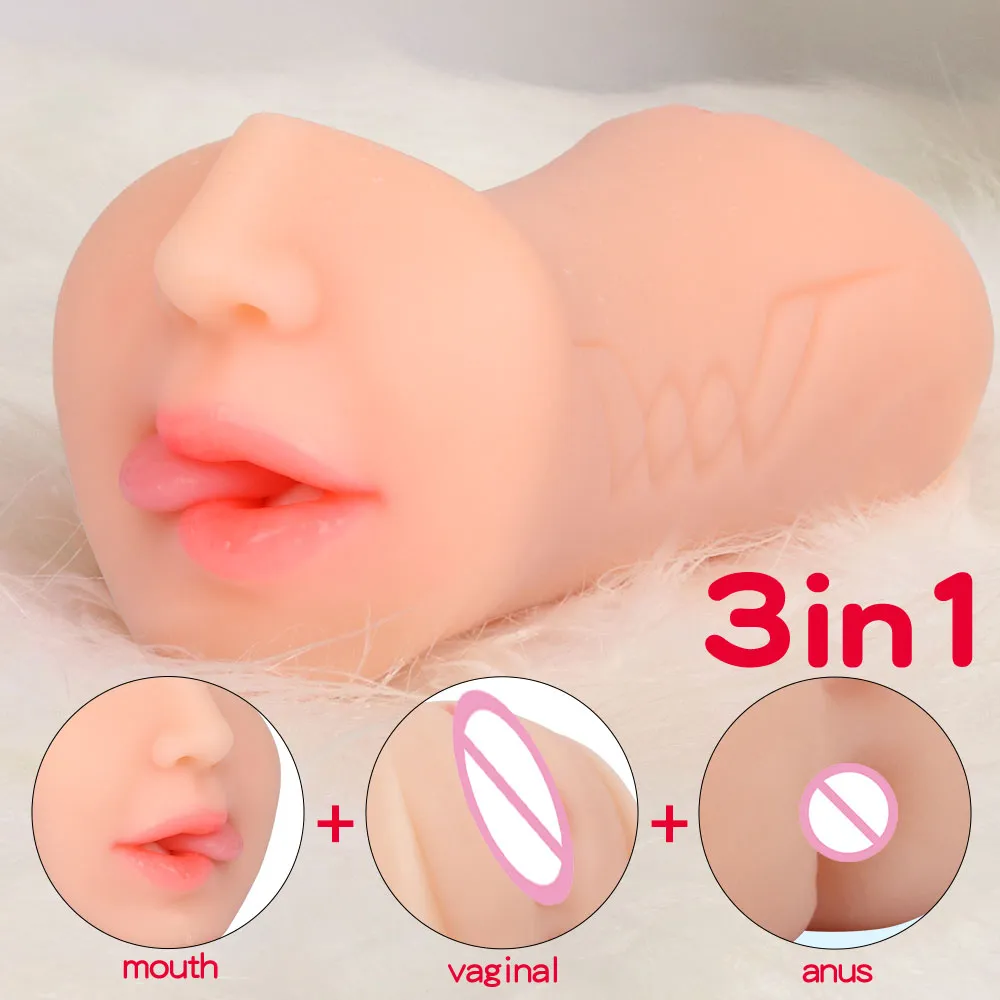 Hot 3 in 1 Male Masturbator Tongue Deep Throat TPE Pocket Pussy Realistic Vagina Anus Anal Penis Masturbation Sex Toys For Men