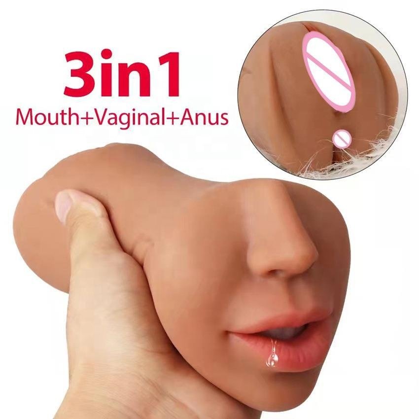 Hot 3 in 1 Male Masturbator Tongue Deep Throat TPE Pocket Pussy Realistic Vagina Anus Anal Penis Masturbation Sex Toys For Men