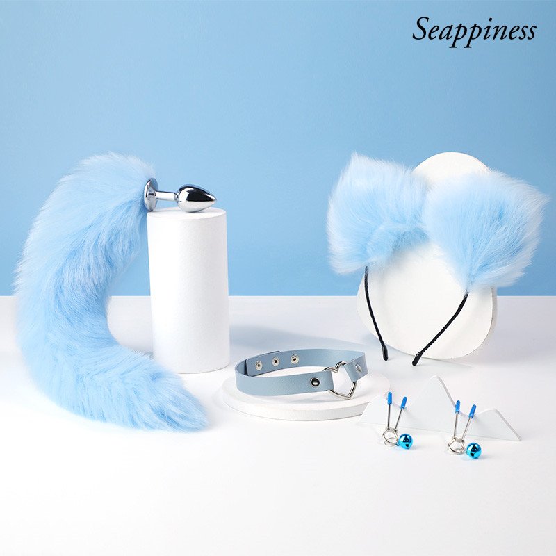 Exotic Flirt Cosplay Sex Toys Blue Fox Tail Anal Plug with Cat-Ear,Metal Expand Butt Plugs for Women Ass Massager SM Sexy Game