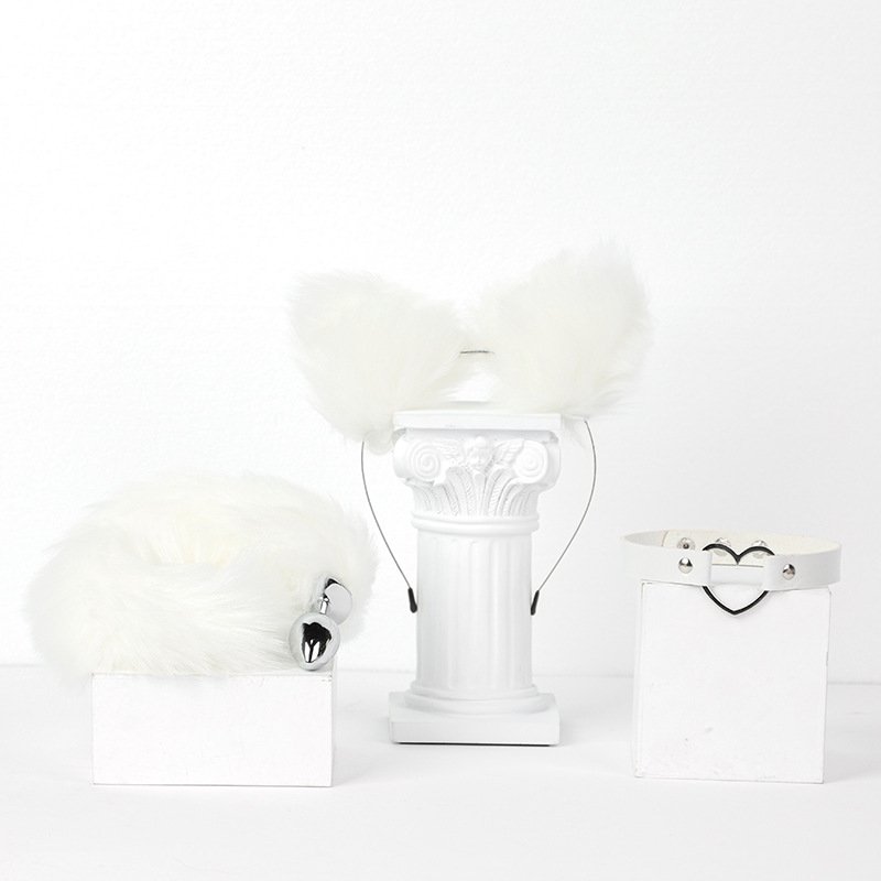 Charm Fox 3 Piece Set Bondage Kit Fetish Set Plush Hair Band Anal Plug Tail Heart Collar BDSM Choker Role Play for Sex Game