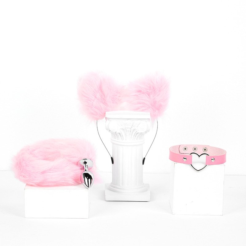 Charm Fox 3 Piece Set Bondage Kit Fetish Set Plush Hair Band Anal Plug Tail Heart Collar BDSM Choker Role Play for Sex Game
