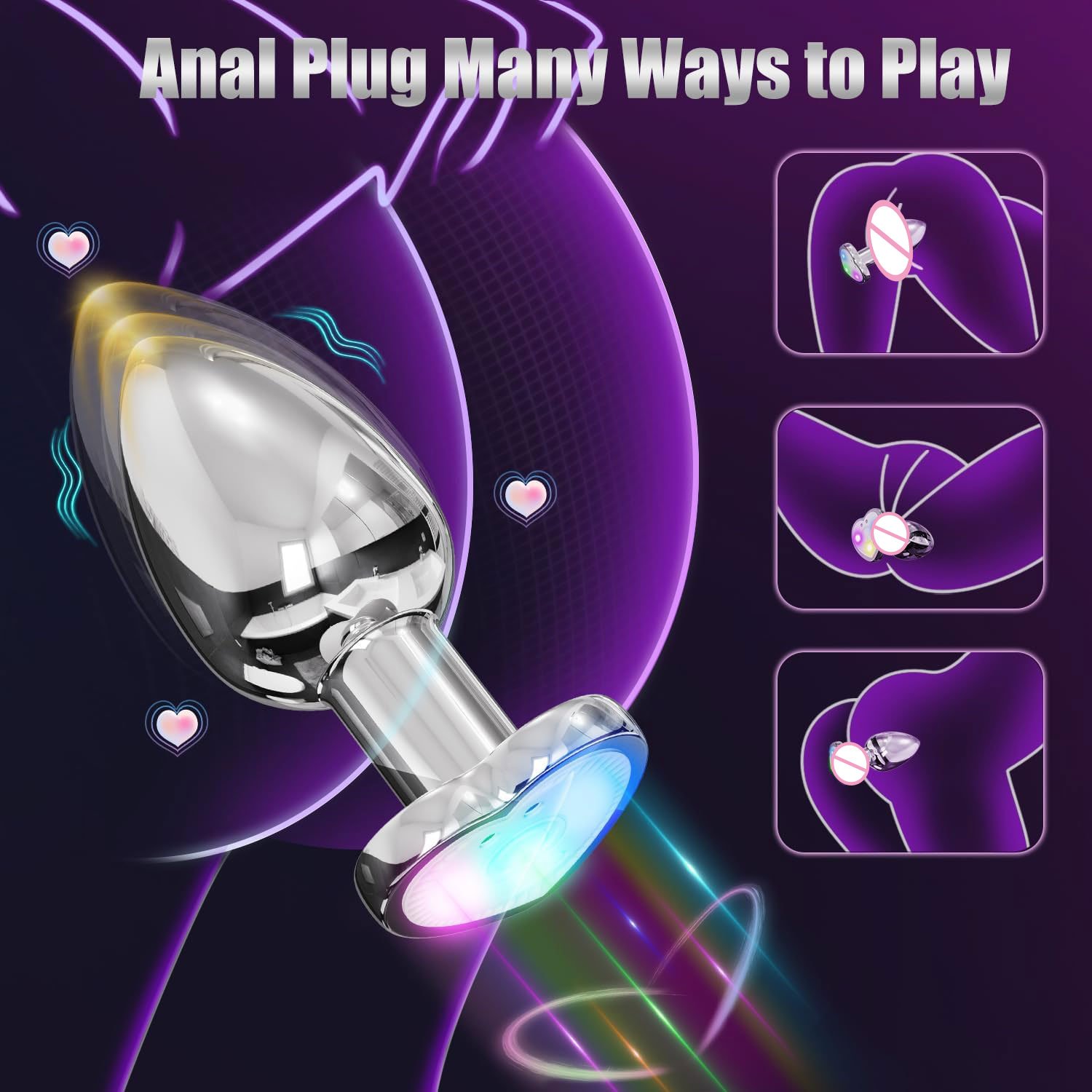 APP Remote Control Anal Vibrator Heart-Shaped Colorful Light Up Male Prostate Massager Vibrating Metal Anal Butt Plug For Women