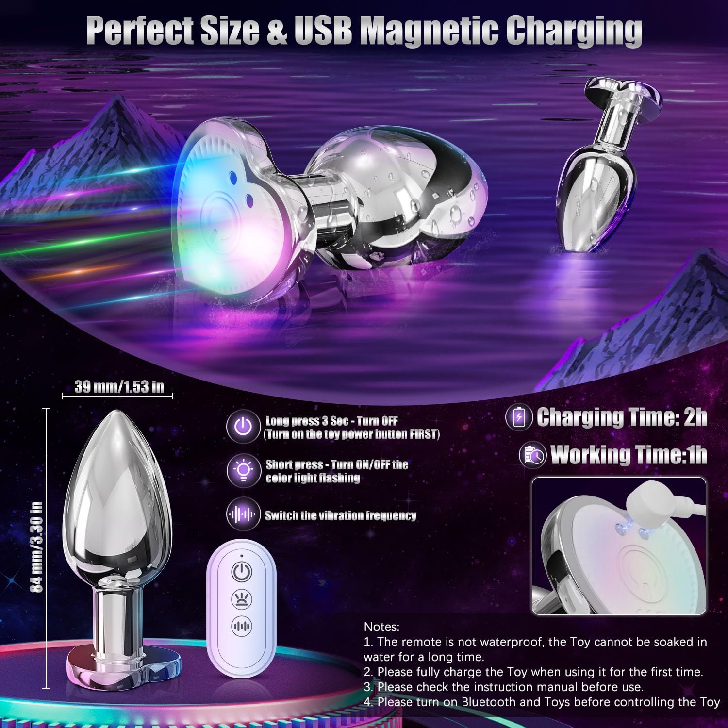 APP Remote Control Anal Vibrator Heart-Shaped Colorful Light Up Male Prostate Massager Vibrating Metal Anal Butt Plug For Women