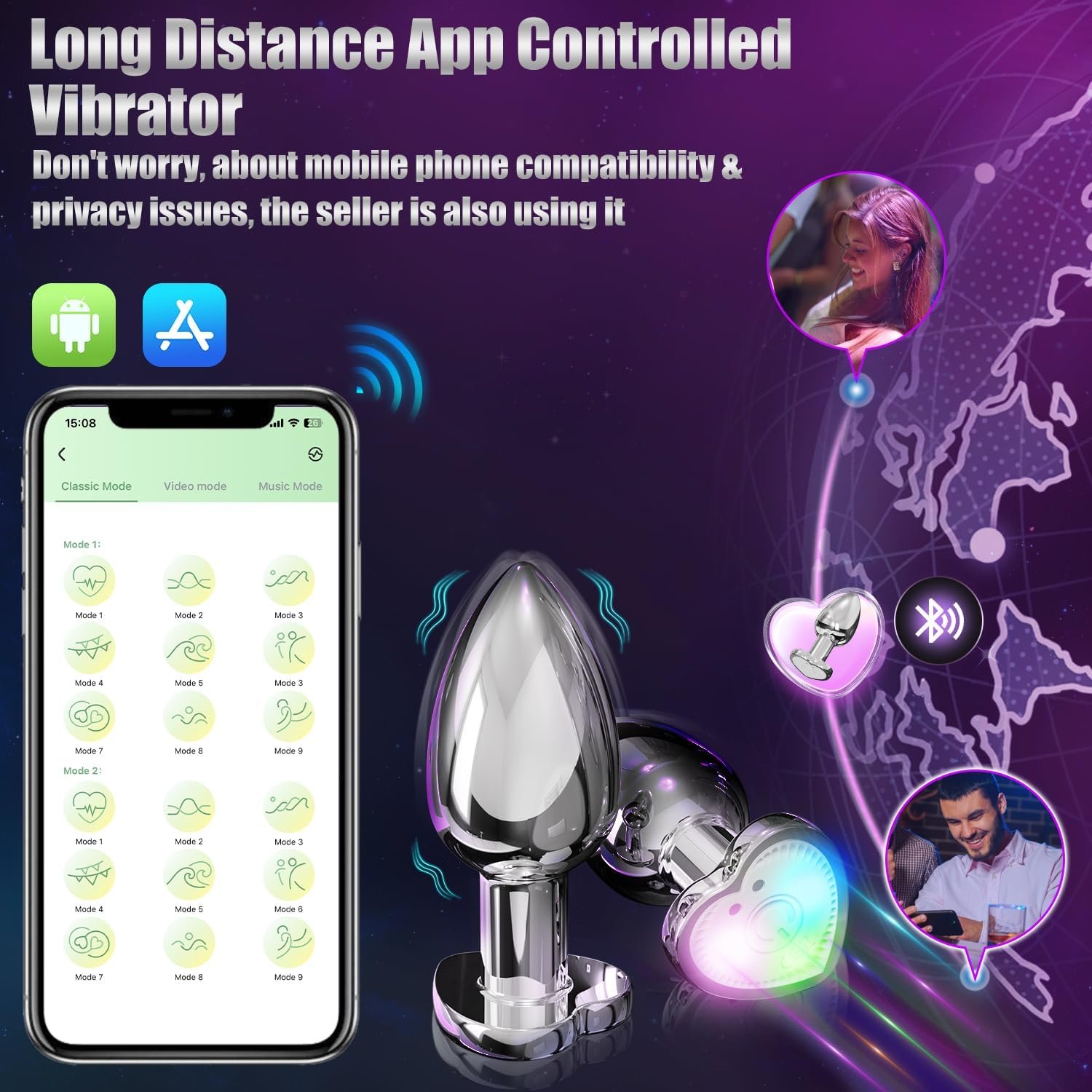 APP Remote Control Anal Vibrator Heart-Shaped Colorful Light Up Male Prostate Massager Vibrating Metal Anal Butt Plug For Women