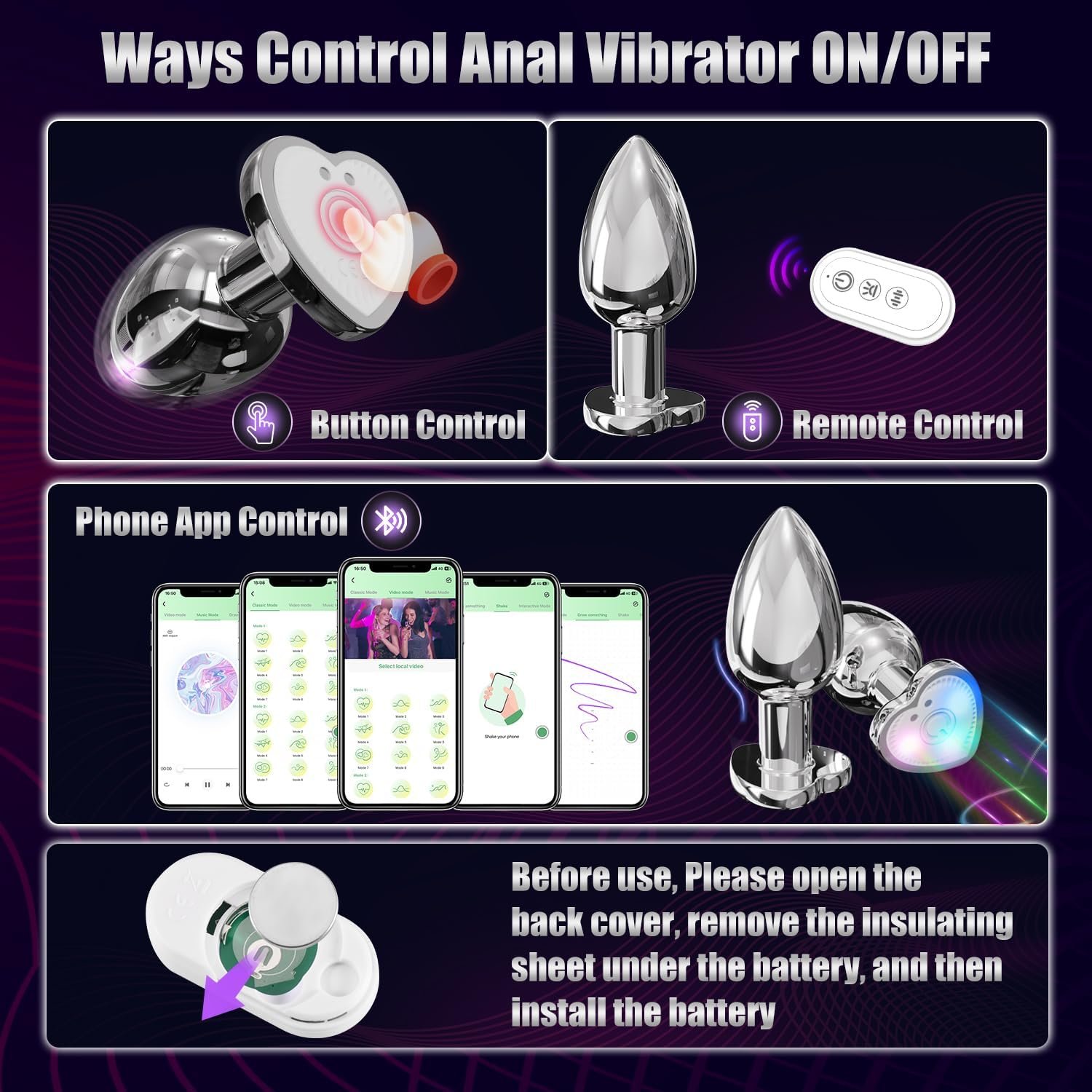 APP Remote Control Anal Vibrator Heart-Shaped Colorful Light Up Male Prostate Massager Vibrating Metal Anal Butt Plug For Women